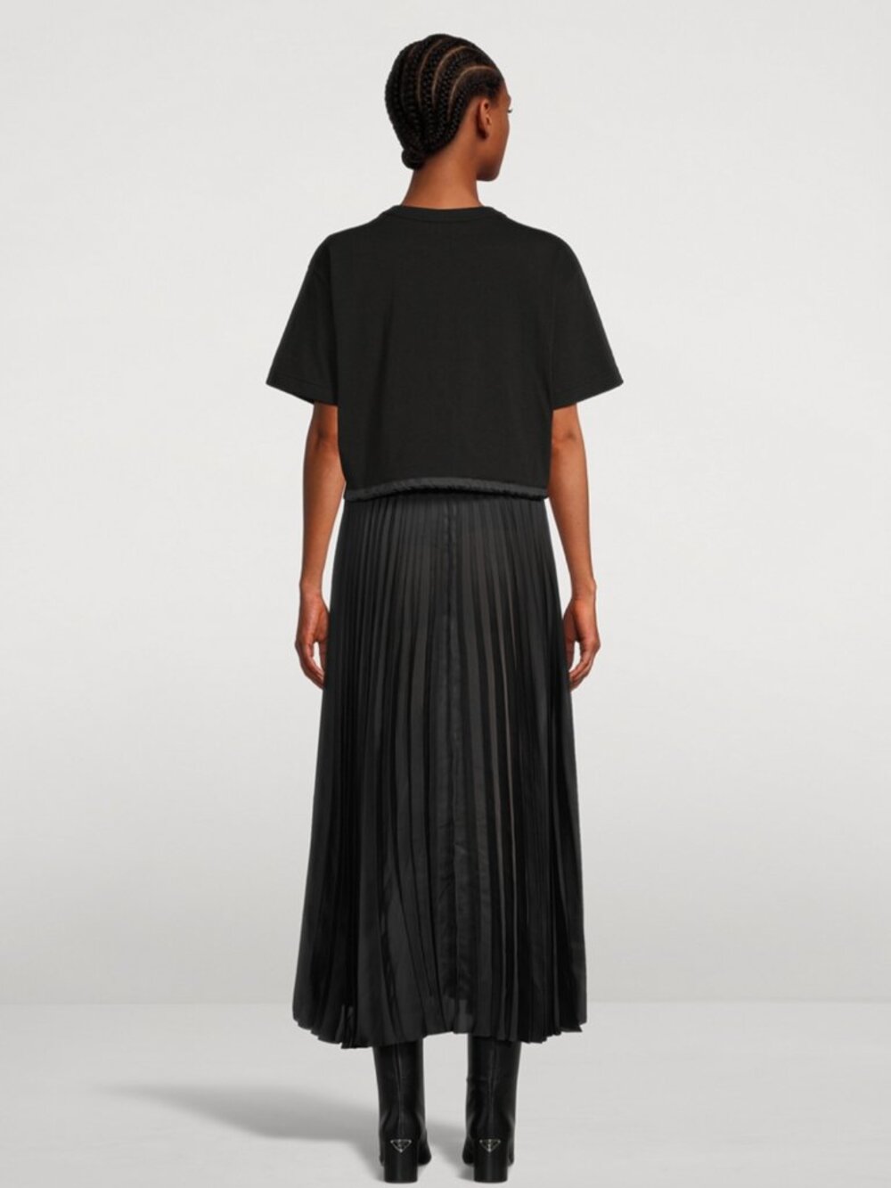 SACAI Satin Pleated T-Shirt Dress Black Women 4 Crewneck Short Sleeve Japan Midi - Picture 2 of 11